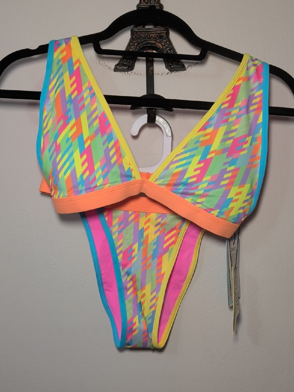 OneOne Neon Geo Print Bikini Set Yellow Orange Blue Pink Size M Top, S Bottom